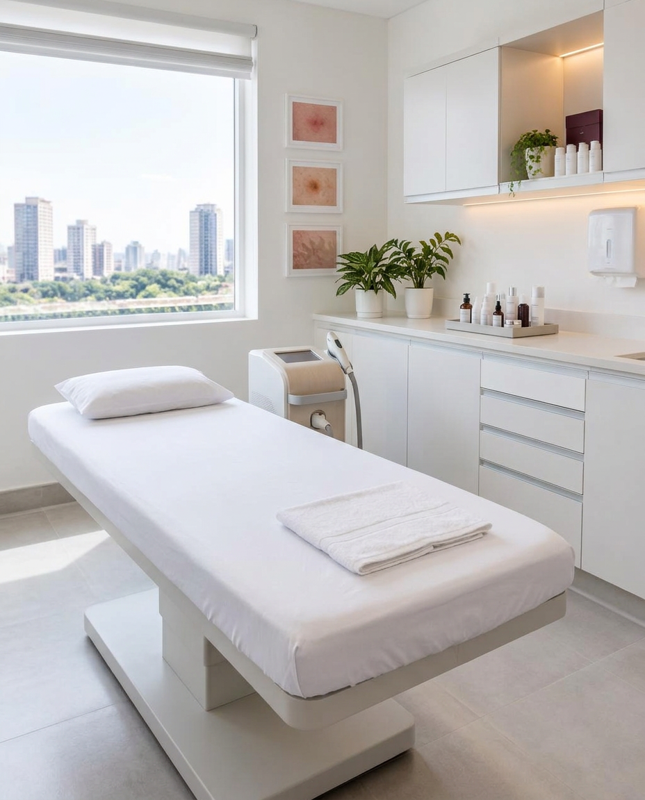 Imagem ilustrativa de uma sala de dermatologia estética com maca e equipamento para cuidados da pele